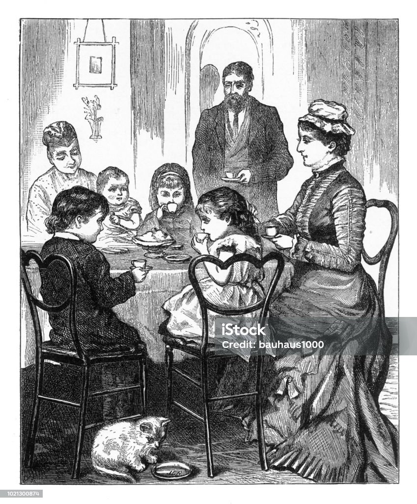Family eating their dinner at a dining room table while a cat drinks milk, American Victorian Engraving, 1882 Very Rare, Beautifully Illustrated Antique Engraving of a Family eating their dinner at a dining room table while a cat drinks milk, American Victorian Engraving, 1882. Source: Original edition from my own archives. Copyright has expired on this artwork. Digitally restored. Baby Boys stock illustration