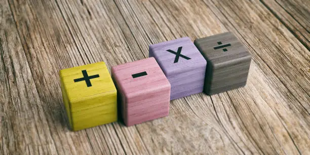 School concept - Math symbols on wooden blocks. 3d illustration