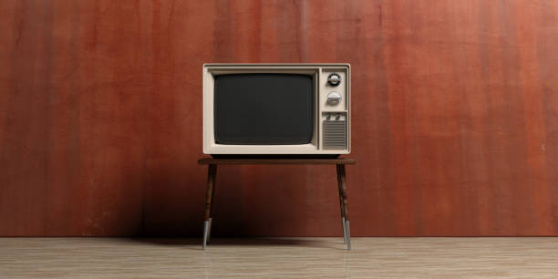 vintage tv in an empty room. 3d illustration - furniture table isolated old imagens e fotografias de stock