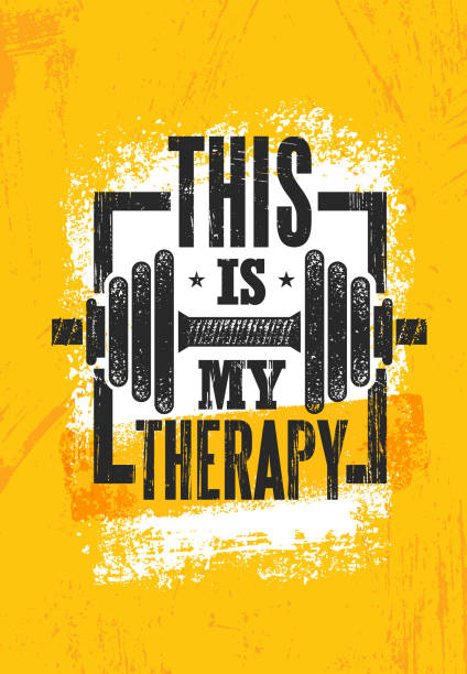 This Is My Therapy. Fitness Muscle Workout Motivation Quote Poster Vector Concept. Inspiring Gym Creative Illustration This Is My Therapy. Fitness Muscle Workout Motivation Quote Poster Vector Concept. Inspiring Gym Creative Bold Typography Illustration On Grunge Texture Rough Background With Dumbbell health poster stock illustrations