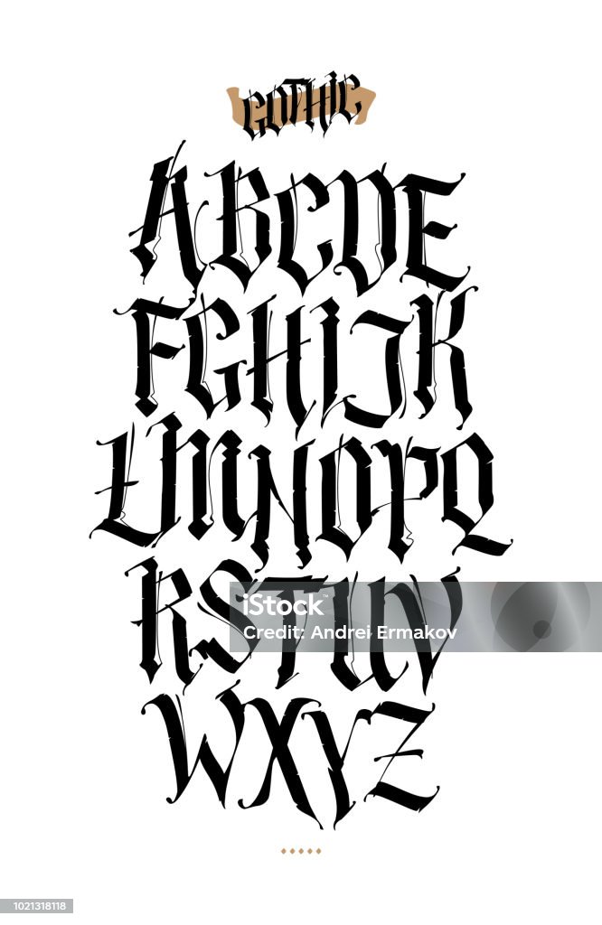 Gothic, English alphabet. Vector set. Font for tattoo, personal and commercial purposes. Elements isolated on white background. Calligraphy and lettering. Medieval Latin letters. Tattoo stock vector
