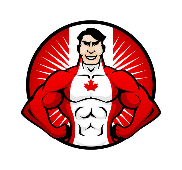 illustrazioni stock, clip art, cartoni animati e icone di tendenza di personaggio supereroe patriottico canadese in costume con simbolo canadese - canadian flag canadian culture canada people