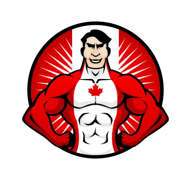 Vector illustration of Canadian patriotic superhero character in costume with Canadian symbolic