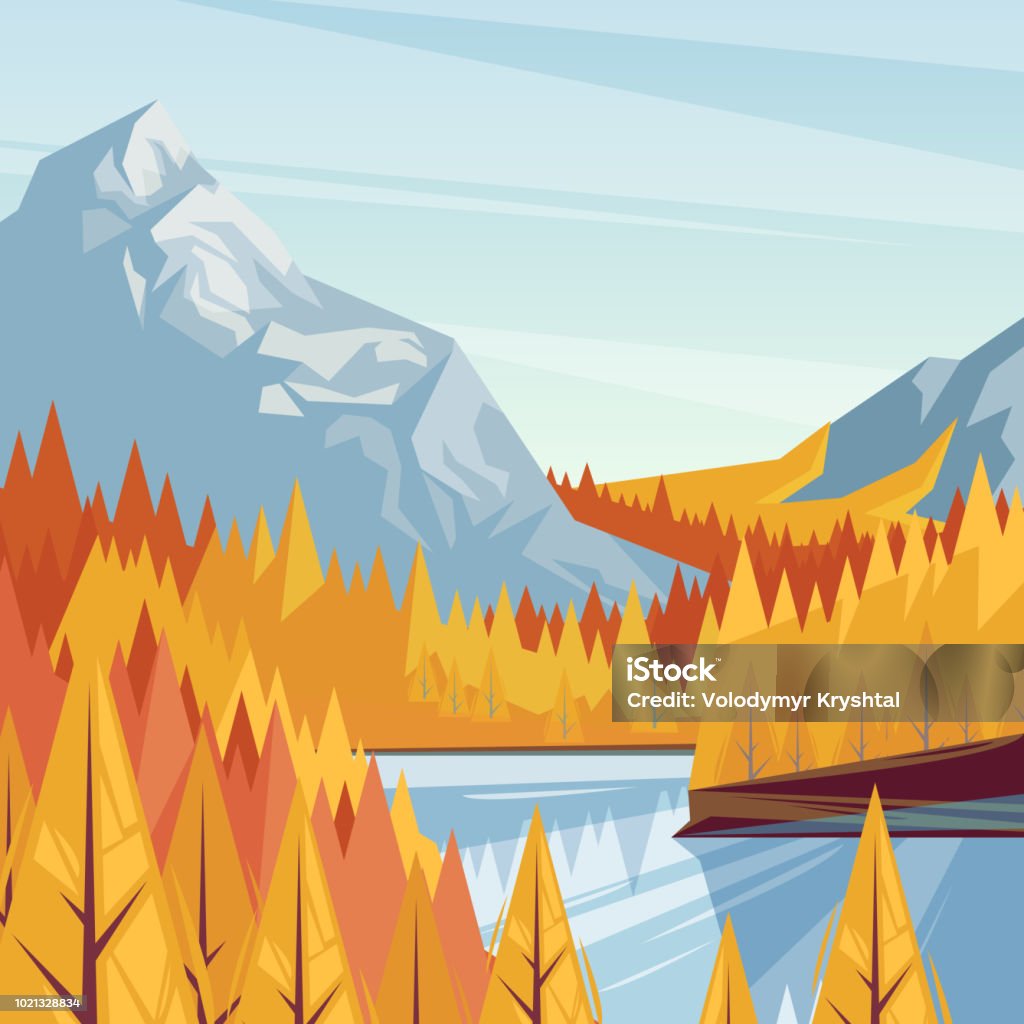 산 계곡에서 호수가을 일러스트 벡터 가 풍경 배경입니다 야외 여행 개념입니다 0명에 대한 스톡 벡터 아트 및 기타 이미지 - 0명, 가을,  강 - Istock