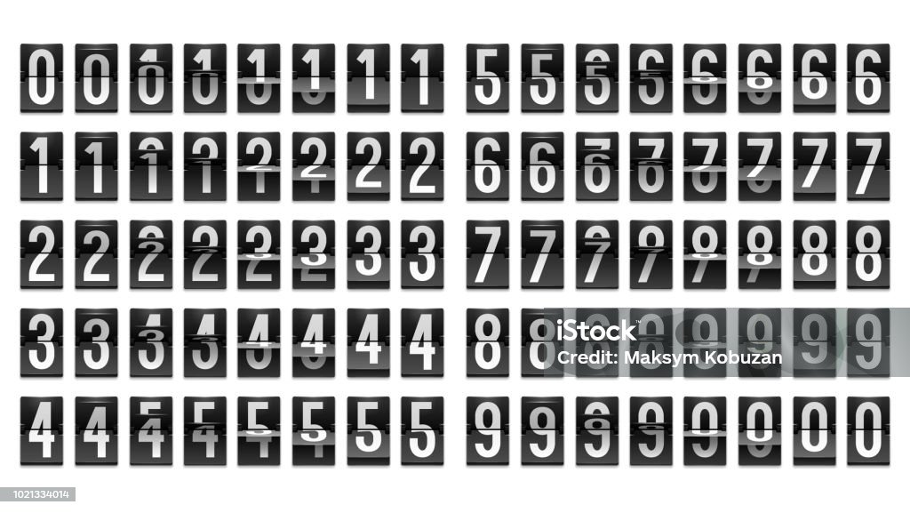Numbers from Black Mechanical Scoreboard; Flip countdown clock counter Numbers from Black Mechanical Scoreboard; Flip countdown clock counter; White digit on black board; Countdown flip board with Scoreboard Countdown stock vector