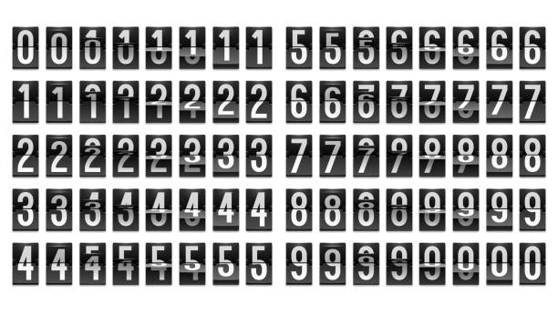 Numbers from Black Mechanical Scoreboard; Flip countdown clock counter Numbers from Black Mechanical Scoreboard; Flip countdown clock counter; White digit on black board; Countdown flip board with Scoreboard throwing stock illustrations