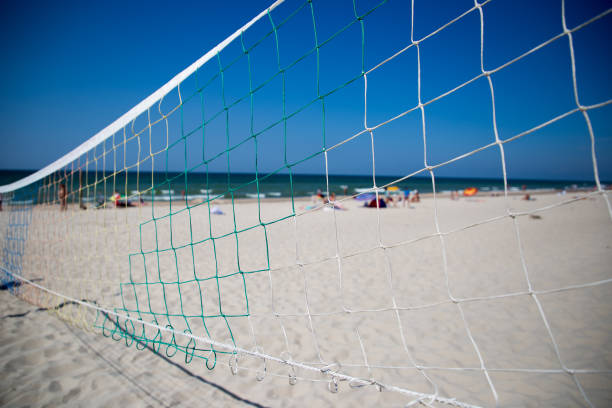 istock Volleyball net on a sandy beach 1021334400