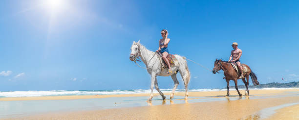 istock Young Couple riding a horse on the beach - panoramic view 1021340372