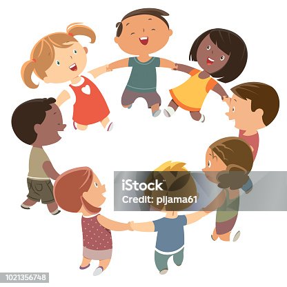 istock Cute kids holding hands and dancing 1021356748