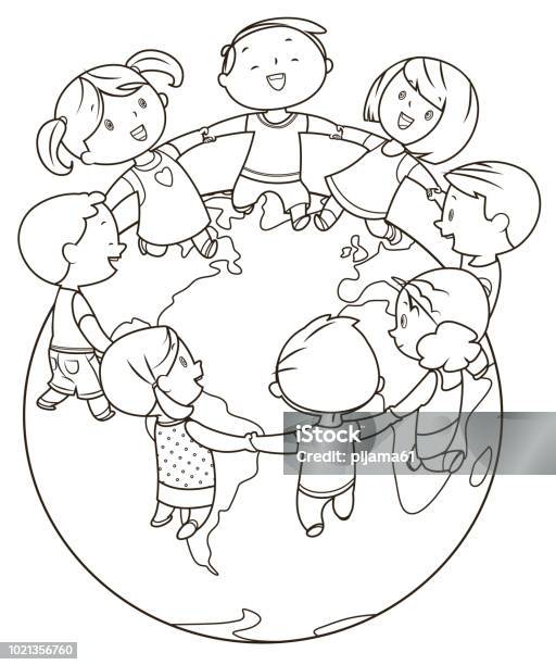 Coloring Book Cute Kids Holding Hands And Dancing Around The World Stock Illustration - Download Image Now