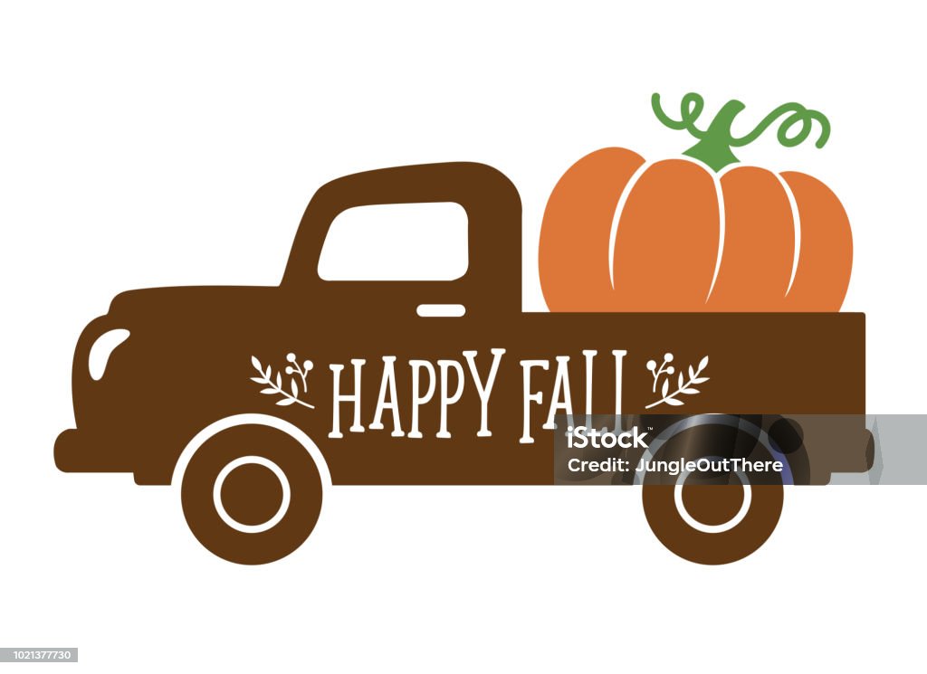 Un viejo camión Vintage lleva una calabaza en otoño - arte vectorial de Otoño libre de derechos