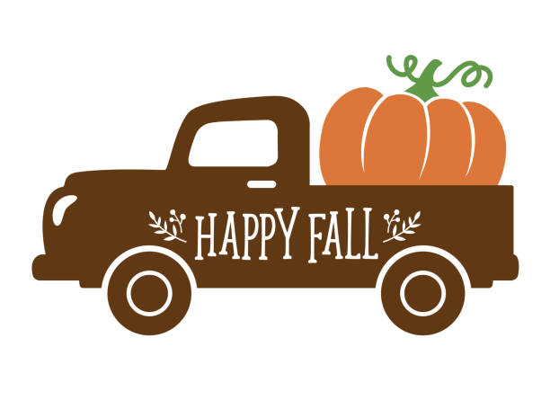 An Old Vintage Truck carrying a Pumpkin in Fall An old vintage truck with harvest pumpkin. Fall pumpkin vector illustration. october illustrations stock illustrations