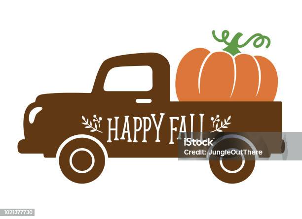 An Old Vintage Truck Carrying A Pumpkin In Fall Stock Illustration - Download Image Now - Autumn, Pumpkin, Harvesting
