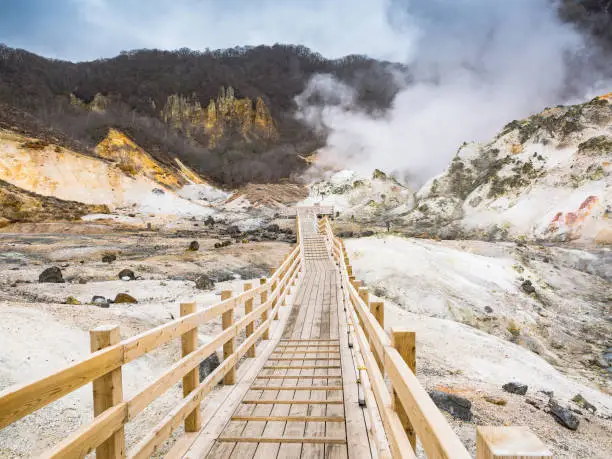 Photo of Jigoku-Dani (Hell Valley)walking trail in Noboribetsu,an explosion creater of Mt.Kuttara, Hokkaido, Japan.