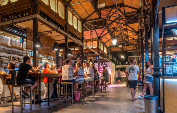 Madrid, Spain- August 02, 2018 : San Miguel Market (Spanish: Mercado de San Miguel) is a covered market located in Madrid, Spain. San Miguel Market is the most popular market in Madrid among tourists since it is located in the center of Madrid. The market is not a traditional grocery market but a gourmet tapas market.