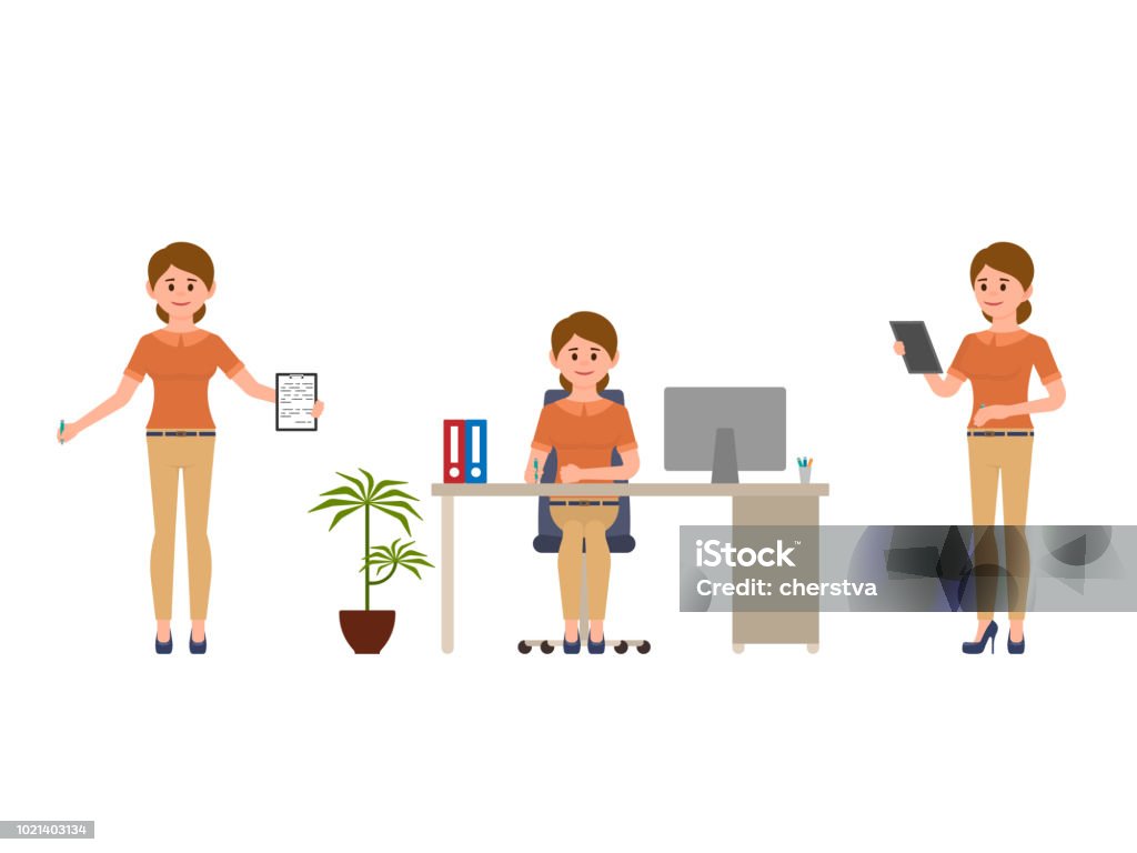Young office female worker writing notes cartoon character. Happy lady clerk sitting, reading, smiling Characters stock vector