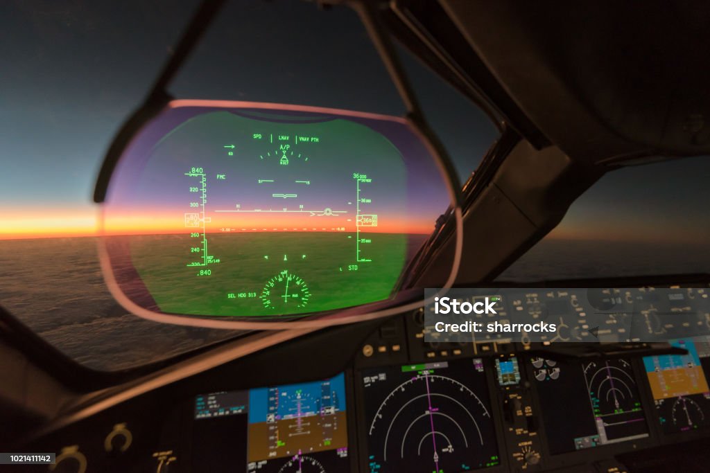 Heads up display Heads up display on a modern generation commercial jet aircraft.  The HUD is becoming commonplace on the latest fleets of aircraft offering pilots their most important information without having to glance down at the flight instruments Boeing 787 Stock Photo