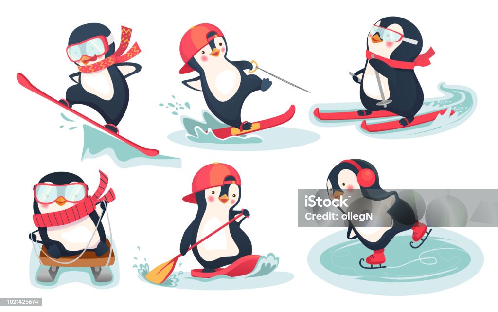 seamless pattern with penguins 01 Activity in winter and summer. Penguin vector illustration set Penguin stock vector