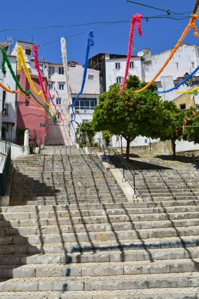 A street in Lisbon decorated with colored garlands