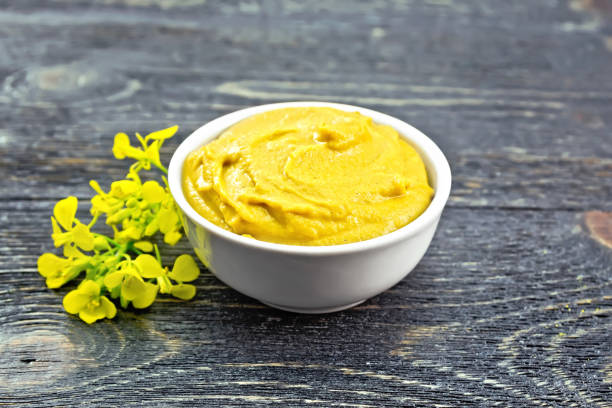 istock Sauce mustard in bowl with flower on dark board 1021505068