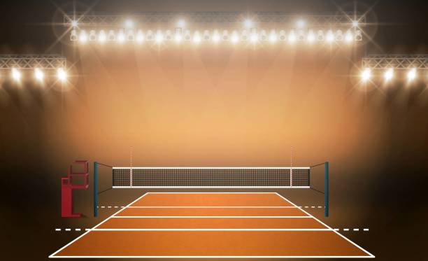 istock Volleyball court arena field with bright stadium lights design. Vector illumination 1021518680