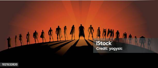 Vector League Of Superheroes Silhouette Stock Illustration - Download Image Now - Superhero, Shadow, Teamwork