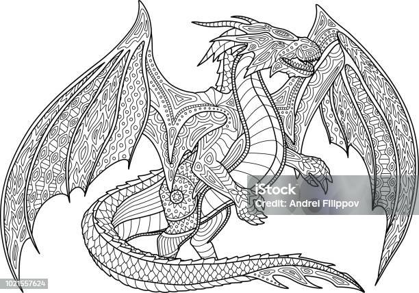 Coloring Book Page With Dragon On White Background Stock Illustration - Download Image Now - Dragon, Line Art, Coloring