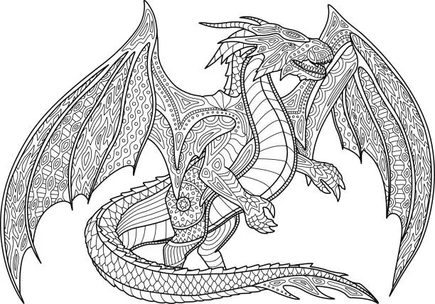 Vector illustration of Coloring book page with dragon on white background