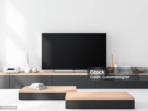 Smart Tv Festgelegt Mockup Stehende Hölzerne Konsole Stockfoto und mehr Bilder von Fernseher