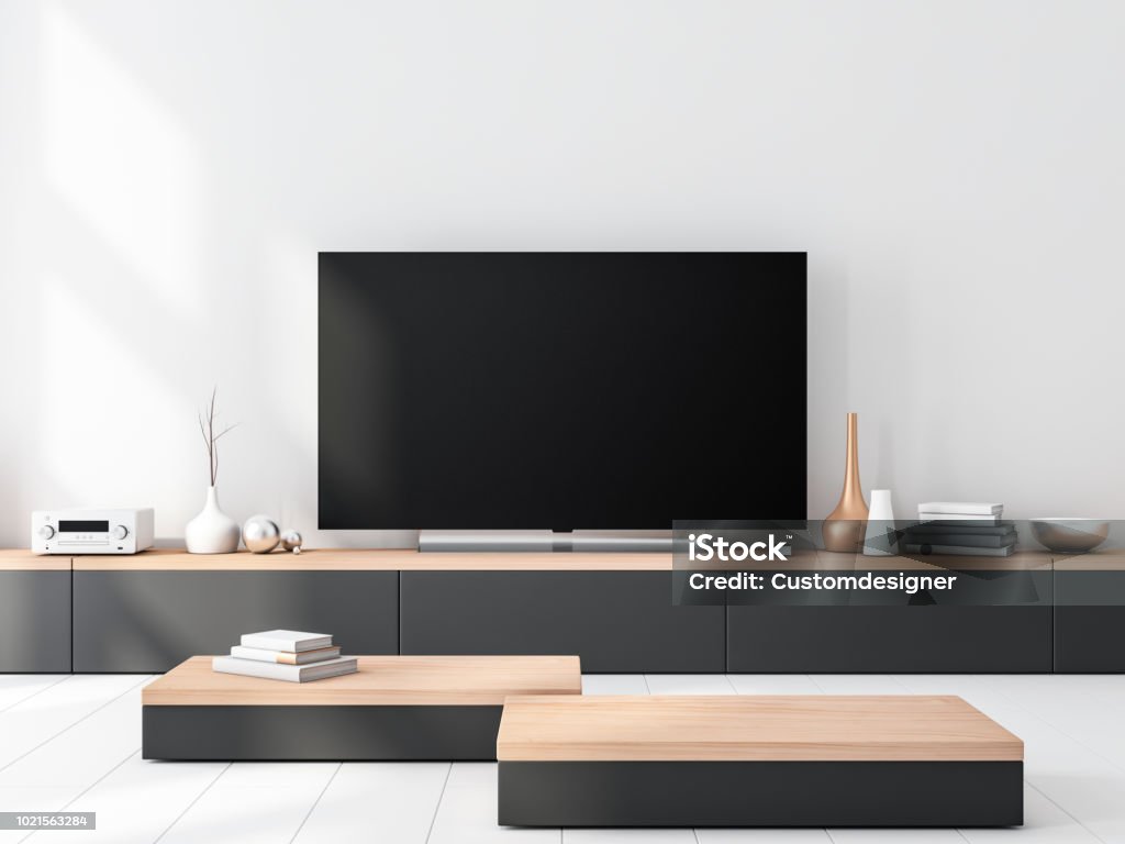 Smart Tv set Mockup standing on wooden console Smart Tv set Mockup standing on wooden console. 3d rendering Television Set Stock Photo