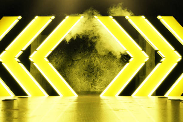 istock 3d rendering of yellow warning hazard shape in front of grunge wall background and light beam 1021567904