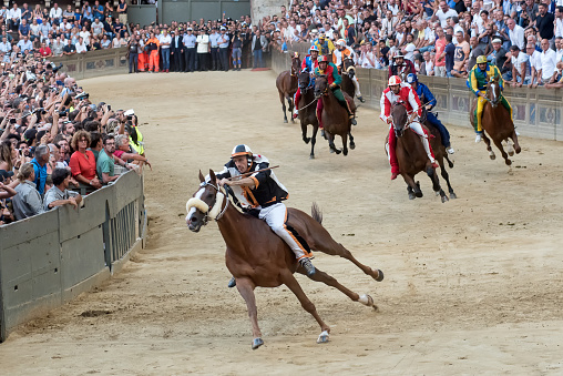 Siena, Italy - August 16, 2018: Riders compete in the famous horse race 'Palio di Siena', in the medieval square 