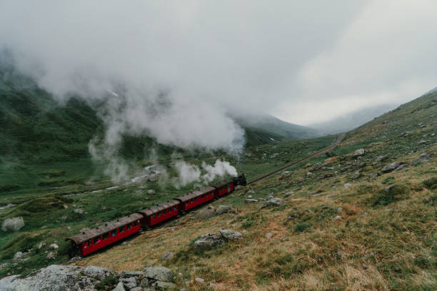 Scenic view of steam locomotive in Furka Pass, Switzerland