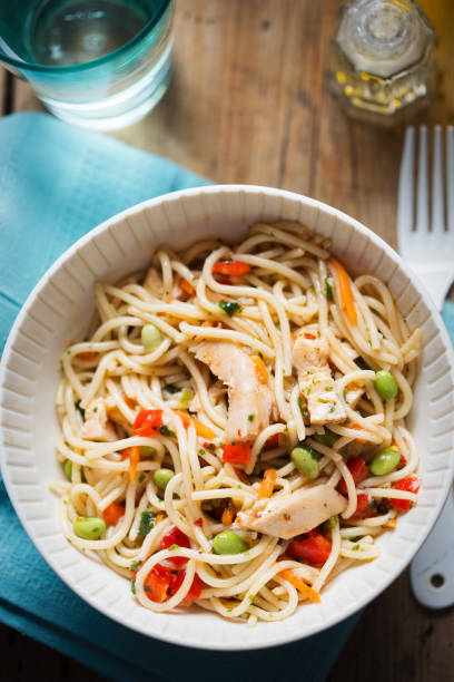 istock Sweet chilli chicken pasta salad with edamame and red peppers 1021577112