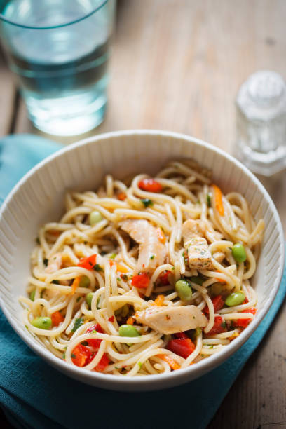 istock Sweet chilli chicken pasta salad with edamame and red peppers 1021577590