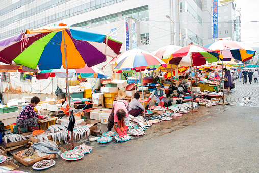 Busan, Korea - Aug 10 2018, People walking on the aisle at the Jagalchi fish market, Busan Korea. 부산 자갈치 시장