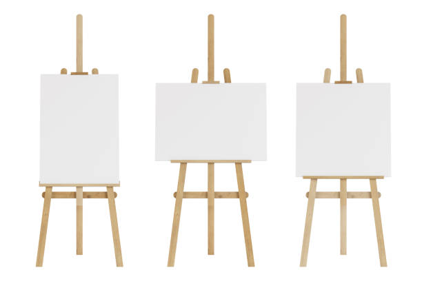 istock Set of wooden easels with empty mockup. Isolated on white background. 3D rendering. 1021586220