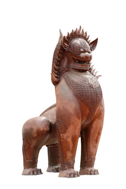 istock Cambodian lion statue isolated on white background. 1021589492