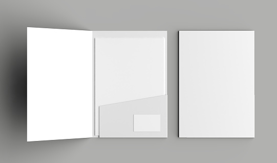 Bolsillo solo de tamaño A4 reforzado carpeta con tarjetas simulacros aislados sobre fondo gris. Ilustración 3D photo
