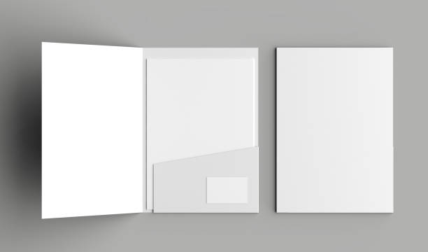 A4 size single pocket reinforced folder with business card mock up isolated on gray background. 3D illustration A4 size single pocket reinforced folder with business card mock up isolated on gray background. 3D illustration. file folder stock pictures, royalty-free photos & images
