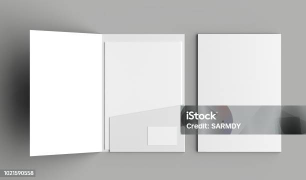 A4 Size Single Pocket Reinforced Folder With Business Card Mock Up Isolated On Gray Background 3d Illustration Stock Photo - Download Image Now