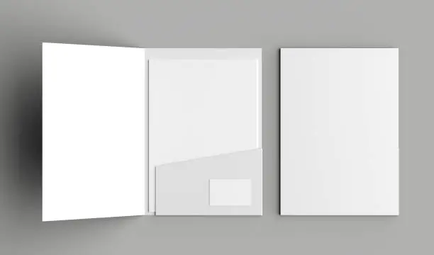 Photo of A4 size single pocket reinforced folder with business card mock up isolated on gray background. 3D illustration