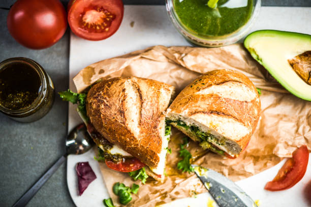 istock Diet vegetarian sandwich bun with smoothie, breakfast 1021590616