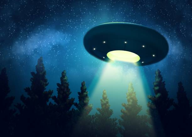 istock Ufo is hovering over the trees. Digital painting 3d render mix 1021591148
