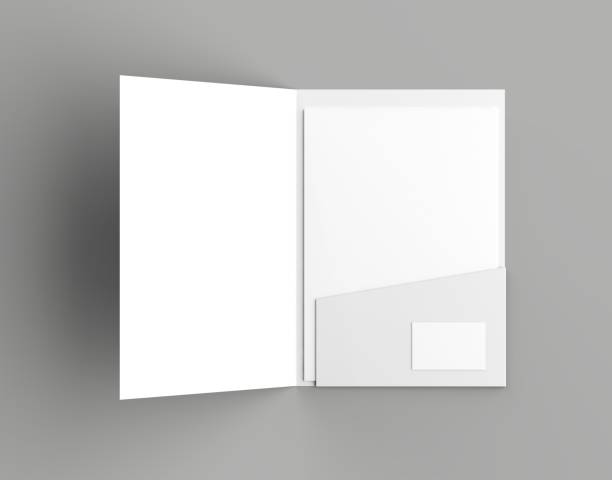istock A4 size single pocket reinforced folder with business card mock up isolated on gray background. 3D illustration 1021593414