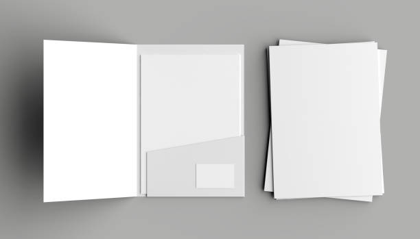 istock A4 size single pocket reinforced folder with business card mock up isolated on gray background. 3D illustration 1021593858