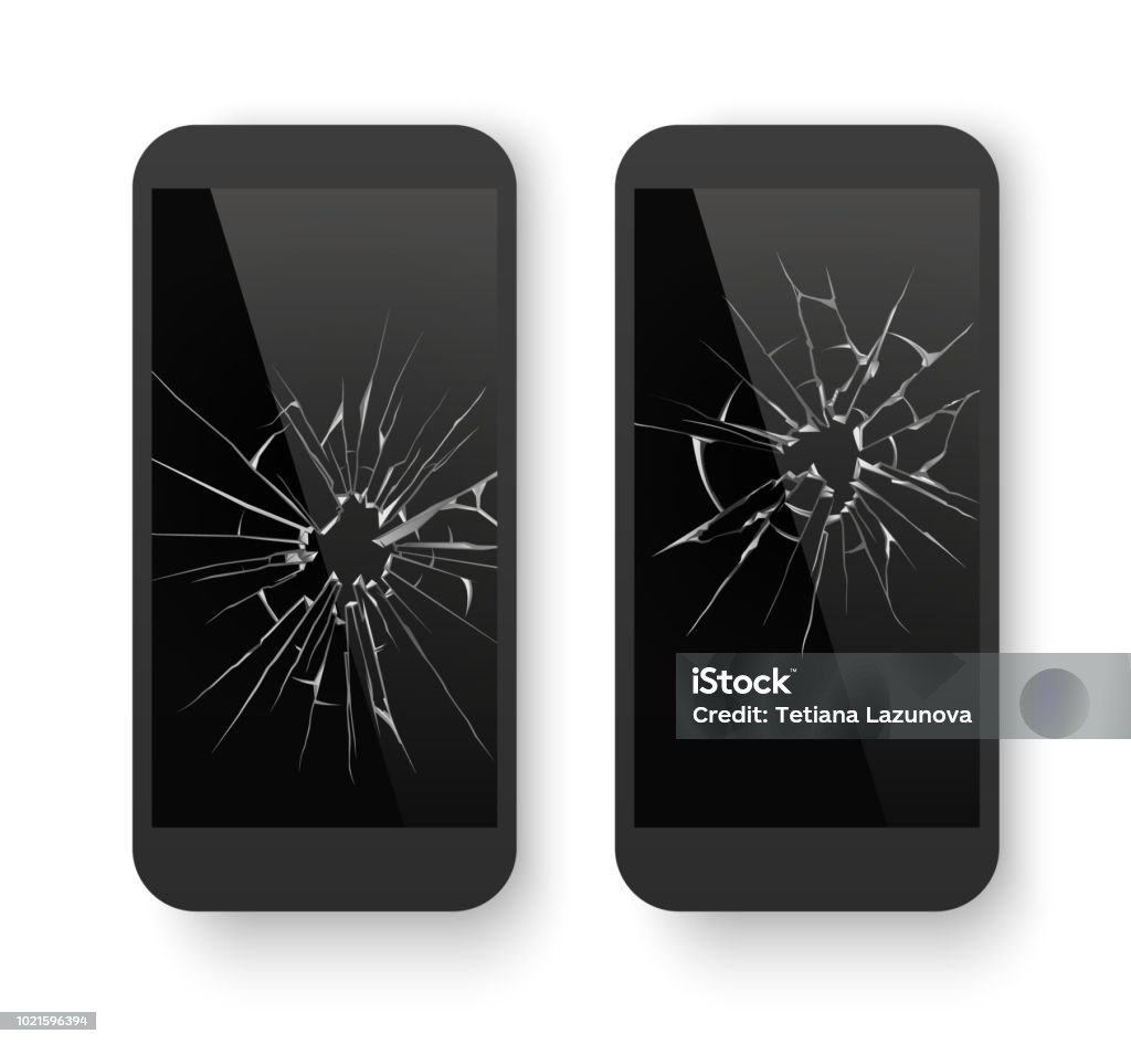 Broken mobile phone. Cracked smartphone screen. Smashed damaged cell phone. Repair vector concept Broken mobile phone. Cracked smartphone screen. Smashed damaged display glass cell phone, telephone crack equipment. Repair black cellphone 3D realistic isolated vector concept Broken stock vector