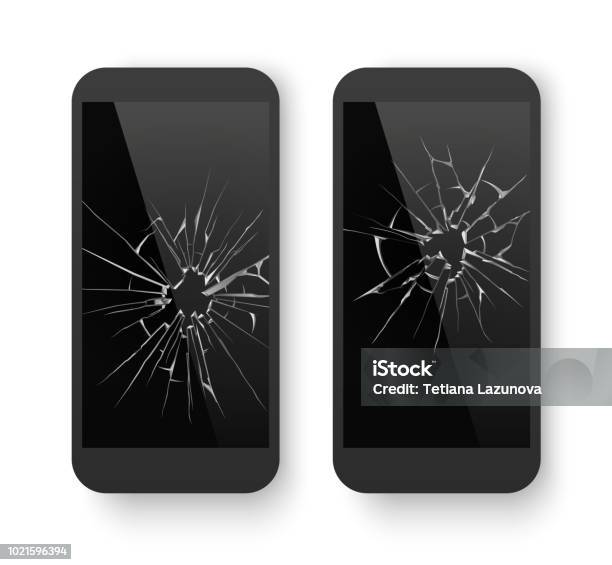 Broken Mobile Phone Cracked Smartphone Screen Smashed Damaged Cell Phone Repair Vector Concept Stock Illustration - Download Image Now