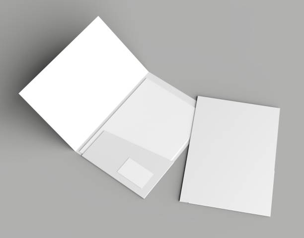 istock A4 size single pocket reinforced folder with business card mock up isolated on gray background. 3D illustration 1021597108