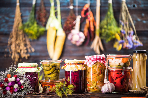 istock Pickled Marinated Fermented vegetables on shelves 1021597212